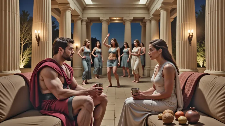 A realistic night scene in the hall of an ancient Greek palace, lit with torches. In the center, Hercules is sitting on a couch talking to Queen Hippolyta. Both are holding silver cups. The image is high definition and ultra-realistic, like a scene from a ...