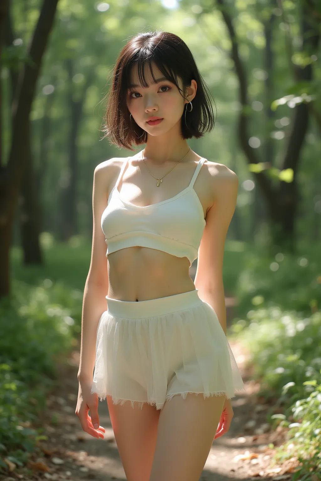 Realistic，ultra-high definition，top quality，Best Quality，【8k，original photo，Super Detailed，ultra high resolution，(Amazingly Cute Japanese Real Girl)，full body，1 person， Forward-facing  ， Morning in the forest  ， Bright sunshine comes in ，backlit，white simp...