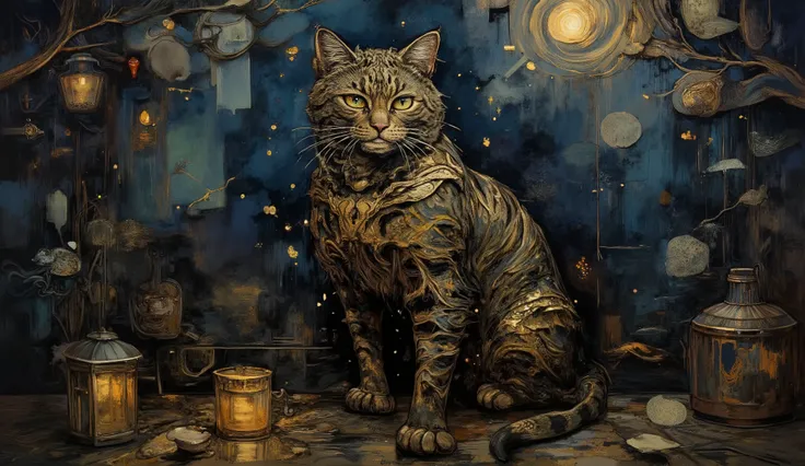 Create an illustration of a cat in the oil painting style, where you can see the brushstrokes fading on a dark background. The cat must be sitting majestically and surrounded by an enchanting atmosphere. On the cat's coat, there must be golden filigrees th...
