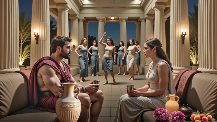 A realistic night scene in the hall of an ancient Greek palace, lit with torches. In the center, Hercules is sitting on a couch talking to Queen Hippolyta. Both are holding silver cups. The image is high definition and ultra-realistic, like a scene from a ...