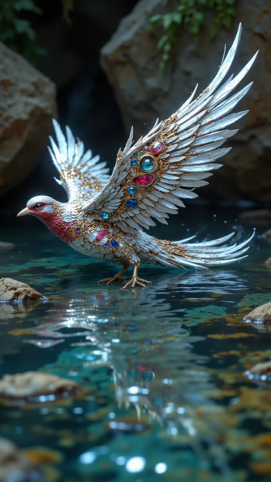 Machine-made swallow with highly detailed and ultra-realistic depictions, A dynamic depiction that seems to be flapping its wings even now, Mythical platinum and gold designs, An eye made of rubies, dynamic angle of a crystal clear river