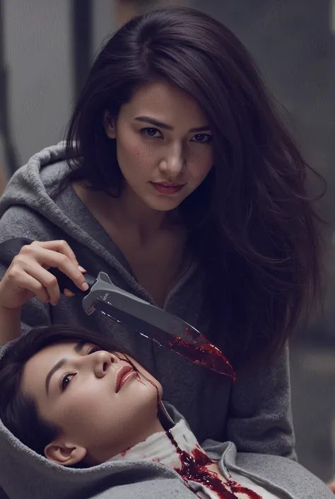 Realistic, A Very beautiful woman, woman very thick hair, boy hoodie, woman kill boy, woman very big breast, woman cuts boy neck, boy neck is flowing with blood, woman knife, boy dead, boy full face mask, woman swat, woman swat equipment
