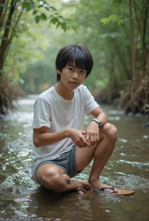 poto two pairs of lovers.Handsome face youth in Indonesia.  face in front of camera . 
 black hair bangs , white shell t-shirt. Wear BOKCSER pants. flip flops . 
Washing her BH panties, on the banks of a shallow flowing river, in a large basin of underwear...