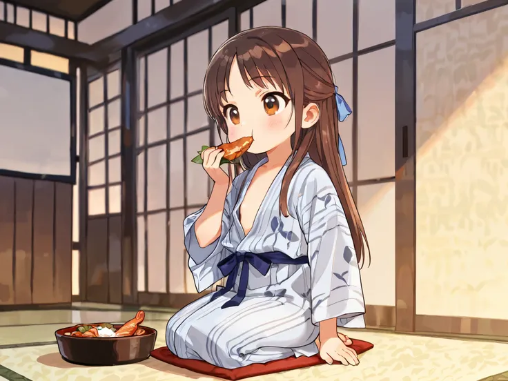 (Top Quality), (Very Aesthetic), (Super Detailed), (Best Illustration), Loli, Solo Female, female , Girl, half updo, Blue Ribbon, Long Hair, Straight Hair, Sideburns, Center Parting, Brown Hair, Brown Eyes, (flat breast), bath yukata, seiza, full body, pre...