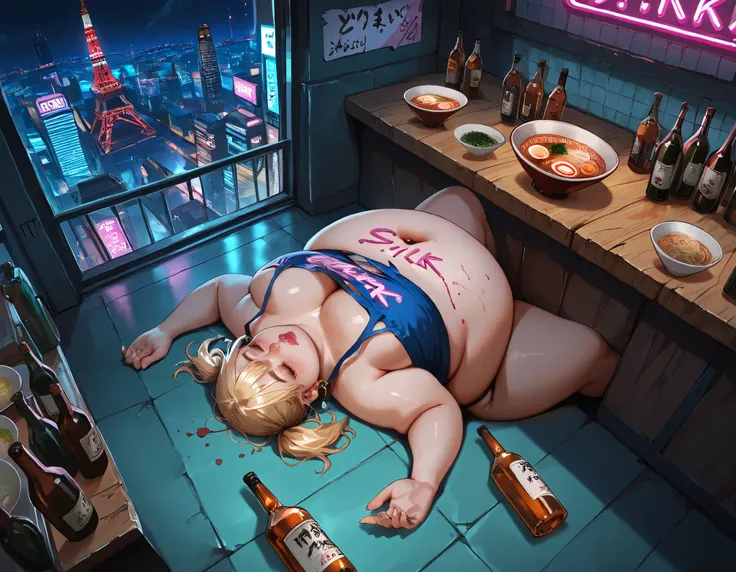 1girl, (chubby immobile woman),hoop earrings, puffy lips, painted lips, thick lips, (), (love handles), (nip slip) (drunk girl) (wardrobe malfunction)
blonde hair, short twintails, fat thighs, bursting belly, Nightlife, Night city, Cyberpunk city, futuri...