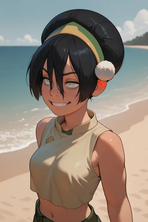 1girl, toph, bangs, black hair, blind, grey eyes, hair between eyes, hair bun, hairband, short hair, breasts, incoth, (incase:0.6), skimpy clothing, standing, grinning, beach, daytime, medium shot