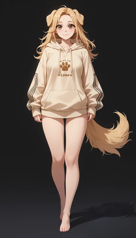 (Masterpiece) (High Detail) (High Res) Full body shot of A short curvy slim Humanoid canine female with pale human skin and brown eyes and long blonde straight hair and fluffy blonde floppy golden retriever dog canine ears and a long fluffy blonde golden r...