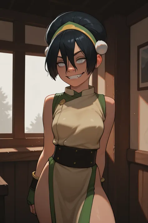 1girl, toph, bangs, black hair, blind, grey eyes, hair between eyes, hair bun, hairband, short hair, breasts, incoth, (incase:0.6), skimpy clothing, standing, grinning, indoors, medium shot