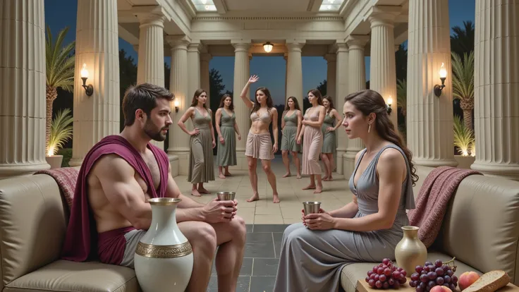A realistic night scene in the hall of an ancient Greek palace, lit with torches. In the center, Hercules is sitting on a couch talking to Queen Hippolyta. Both are holding silver cups. The image is high definition and ultra-realistic, like a scene from a ...