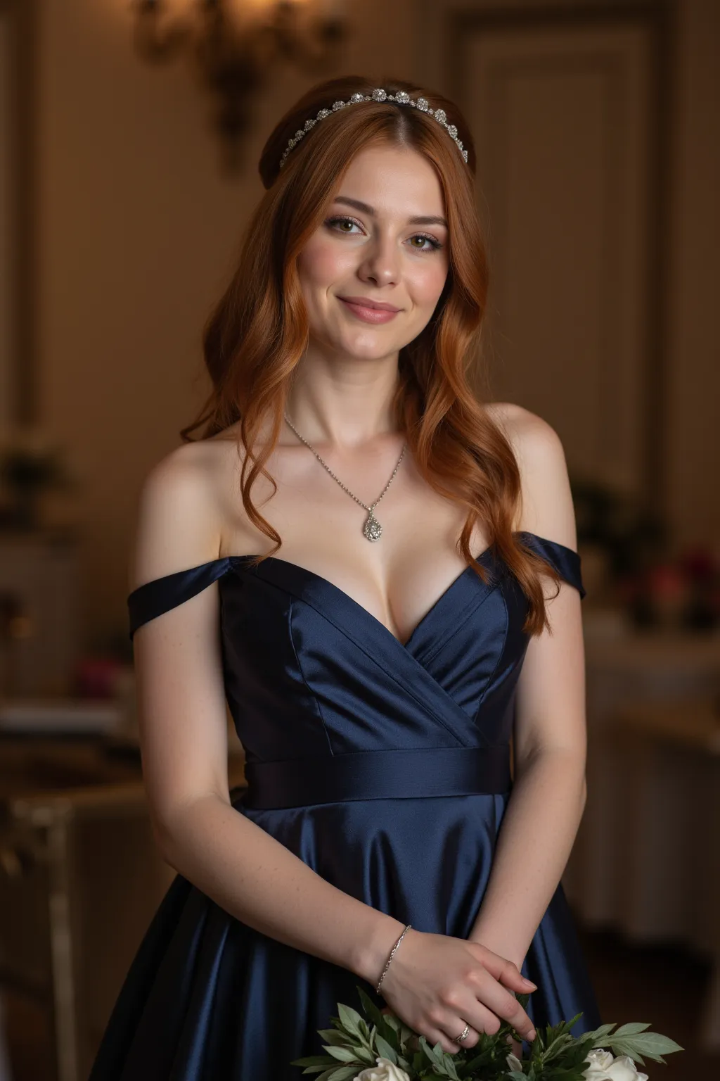 Realistic shot of an upper body portrait of a boy, redheaded German bridesmaid (24 years) with long hair, headband, Flower in hair,  necklace, smile. She poses playfully for the camera in a shiny dark blue metallic satin A-line dress with off-shoulder stra...