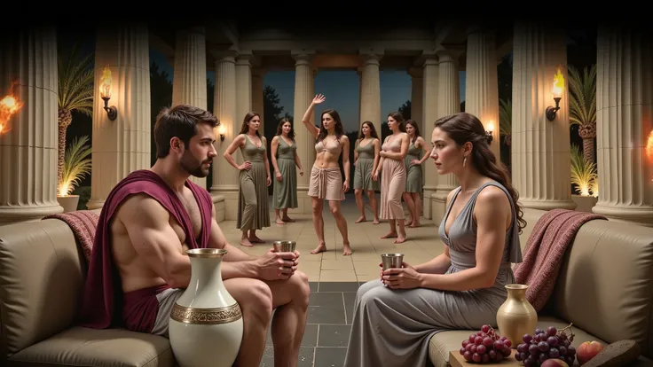A realistic night scene in the hall of an ancient Greek palace, lit with torches. In the center, Hercules is sitting on a couch talking to Queen Hippolyta. Both are holding silver cups. The image is high definition and ultra-realistic, like a scene from a ...