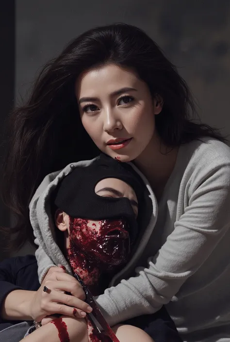 Realistic, A Very beautiful woman, woman very thick hair, boy hoodie, woman kill boy, woman very big breast, woman cuts boy neck, boy neck is flowing with blood, woman knife, boy dead, boy full face mask, woman swat, woman swat equipment