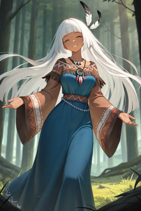 absurdres, (((HD))), (((Ultra High Quality))), ((hyper detailed)), ((detailed eyes)), (((8K))), ((perfect face)), ((masterpiece)), 1girl, smile, eyes closed, tan skin, white hair, long hair, blunt bangs, medium breasts, native american dress, feathers, blu...