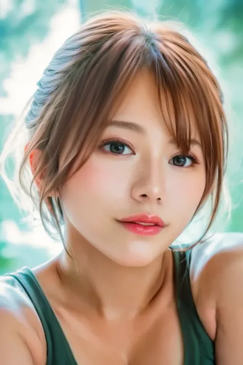   score_9,score_8_up ,score_7_up ,, A woman with short hair and bright eyes is staring at a photographer、face up 、detailed eyes、dark eyes、realistic skin、pores、Hair 、tank top、 beautiful décolletage