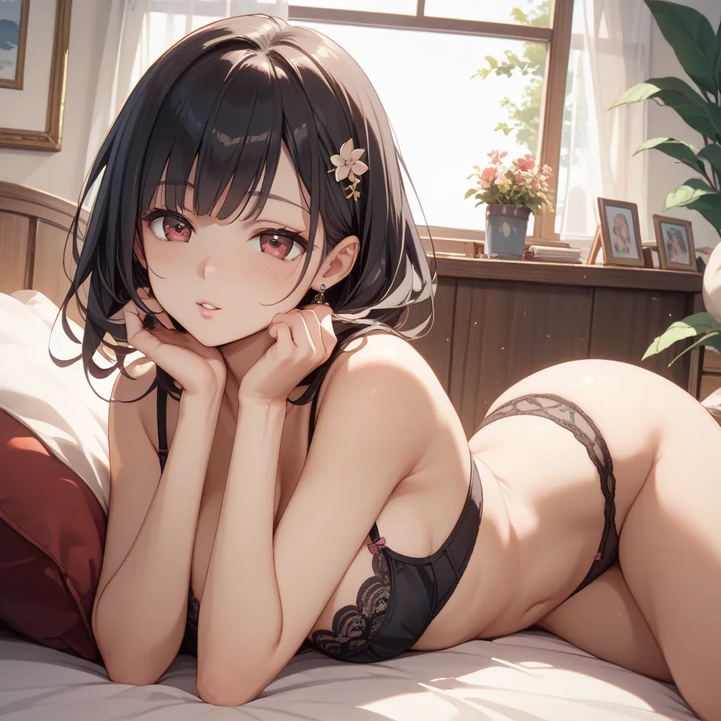 1 woman、masterpiece、top quality、Age 27、 black hair、brown eyes、black bra、black panties、bedroom