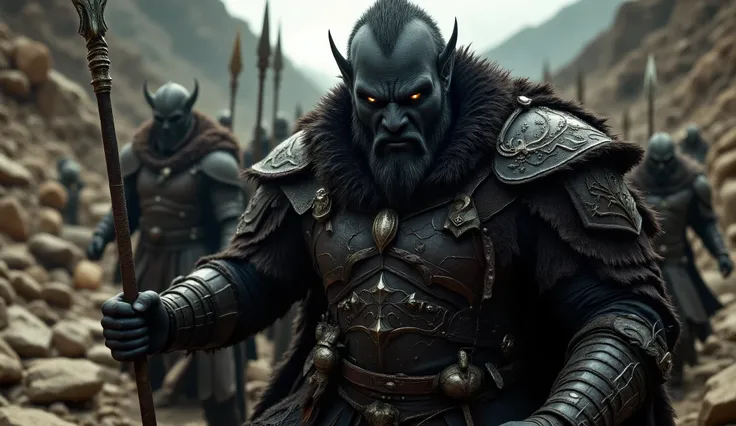 Close up of a monster's face, (((Waitgoo in 3/4 profile view))). The face fills the frame. Real life photo, close up, front view, beautiful black-skinned charr in armor facing the viewer with a spear in his hand, other charr warriors standing on either sid...