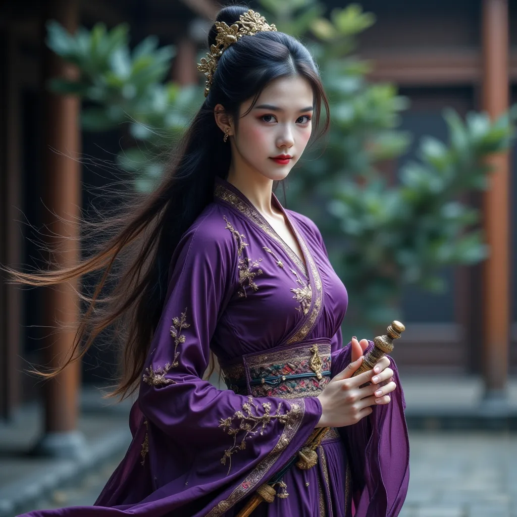 ＜Oriental women，powerful female warrior， Dragon conqueror ，beautiful face，The woman is practicing， Confident Eyes ，Long hair and waist flow with the wind，Strong muscle lines，Beautiful facial features（dark purple dragon scale tight skirt 1.2），The costume ha...