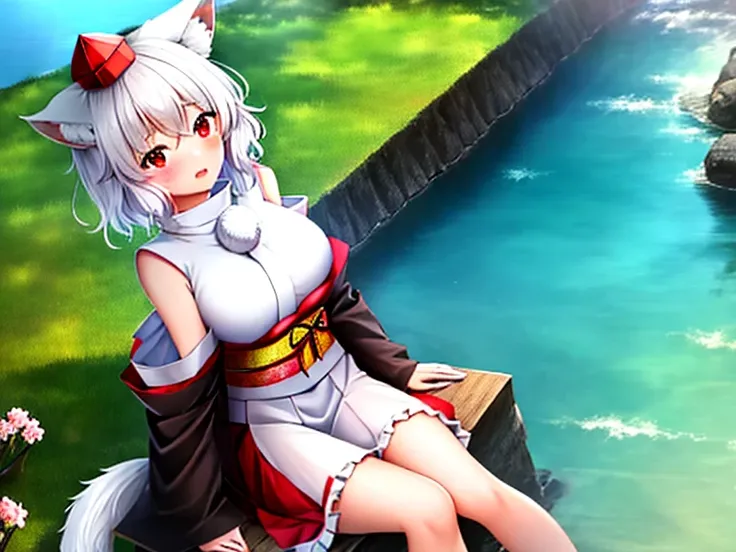 {{masterpiece, ultra-high quality, ultra detailed,}} inubashiri_momiji_touhou, animal_ears, wolf_ears, short_hair, red_eyes, white_hair, hat, tokin_hat, wolf_tail, tail, blush, large breasts, sitting on a hill by a lake, cherry trees on other side of lake,...