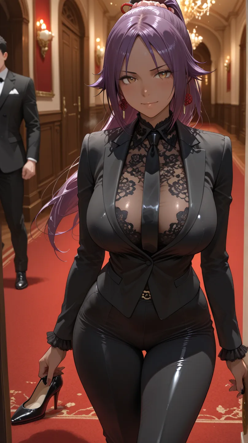 Shihouin Yoruichi is a beautiful sexy girl wearing tight black formal clothes, tight black pants, big breasts, beautiful black shoes 