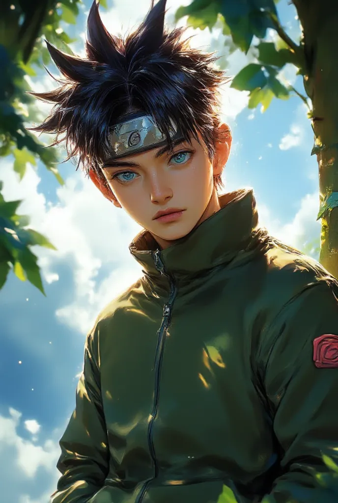 Shikamaru Nara, masterpiece, ultra-detail, anime-style, original Naruto aesthetics, smart and calculating expression, sharp features, spiky ponytail, wearing Konoha forehead protector, olive-green flak jacket, leaning against a tree with hands in pocket, d...