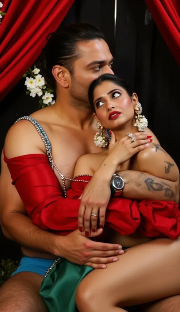 A handsome, well-built Indian man with a fit physique, wearing only a blue underwear and an expensive watch, embraces a stunning Bangladeshi woman from behind while she sits on a chair. His toned body features stylish tattoos, adding to his charm. The woma...