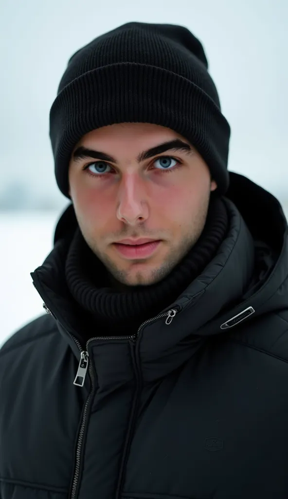 male model wearing a black winter jacket and a black winter cap, photoshoot, white background, 8k, portrait, close-up
