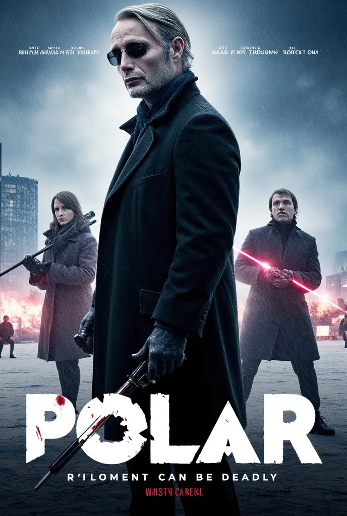 Design a stylish, intense, and action-packed movie poster for "Polar". At the center, occupying more than half of the poster space, is Duncan Vizla (Mads Mikkelsen) — wearing a long, black trench coat and dark sunglasses, with his face scarred and weathere...