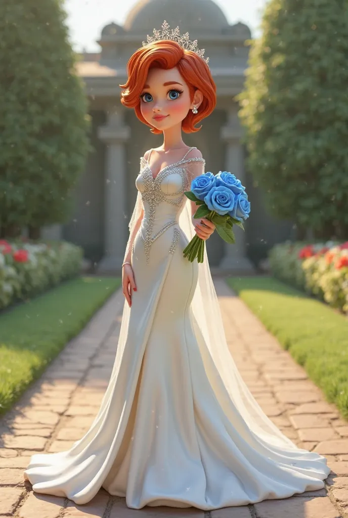 "Create Pixar 3D style,. funko pop 3d. Female average height, with fair skin hair. Short redhead wearing tiara.  Wearing a long, with asymmetric collar, shiny white dress with rhinestone bodice, transparent dress "with sleeve cover" capa longa, At the bott...