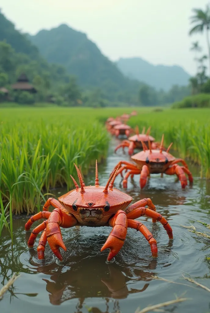 Crown crabs come ashore in rice paddies