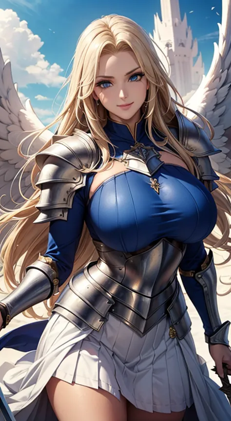 (best quality 4k masterpiece 1.2), beautiful,long blonde hair, angel, blue eyes, silver armor, white skirt, sexy, happy, MILF, knight, mature appearance, detailed facial features, flowing hair, radiant smile, confident posture, heavenly aura, ethereal beau...