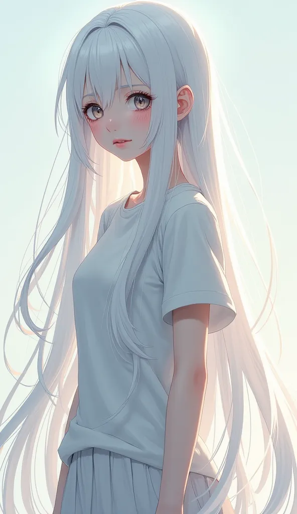  anime girl t-shirt, pale skin, long straight white hair up to the feet, full body, Standing skin pose