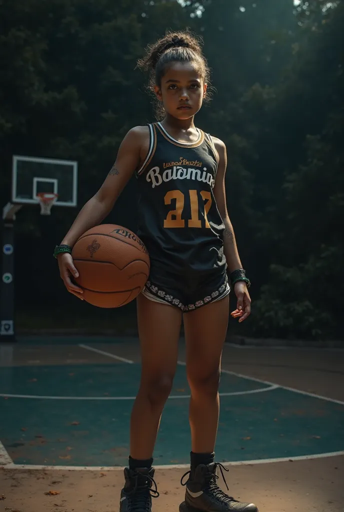 Une image très dark d'une basketteuse en petite tenue avec sa balle de basket, portrait,dark,moody,gritty,dramatic lighting,detailed facial features,intense expression,dynamic pose,dribbling basketball,basketball court background,strong shadows,dramatic co...