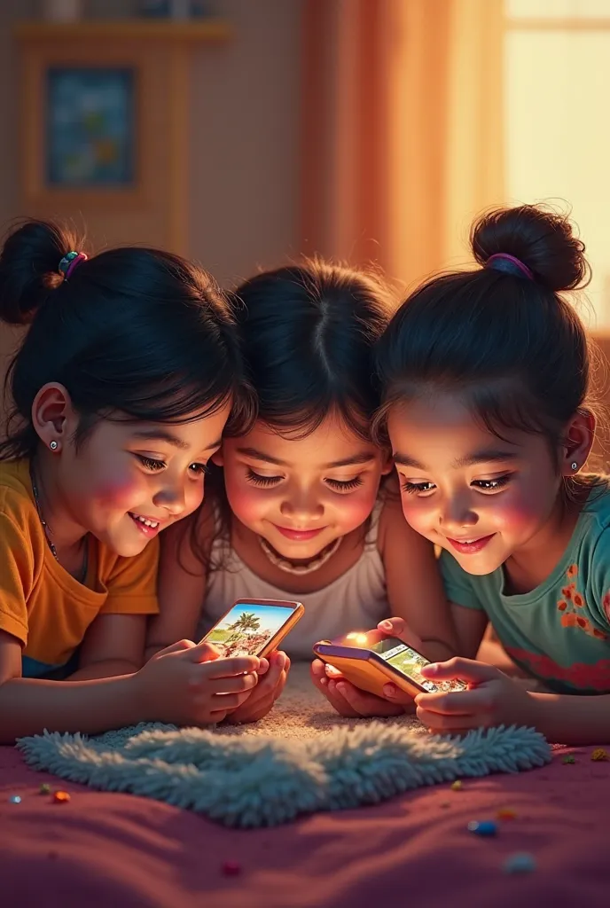  Three Indian kids love to watch real images on their phones 


