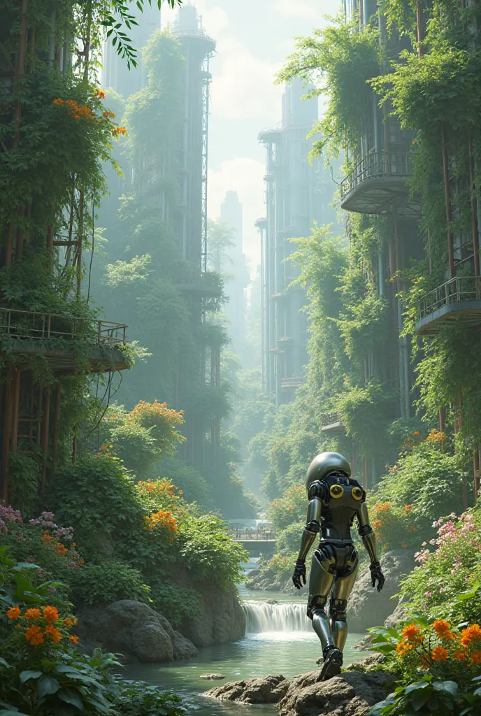 You can make a video of a futuristic city consumed by nature that has a robot exploring the surroundings and having a lot of high-quality animation 