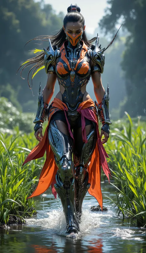 Create a hyper-realistic, highly detailed 8K ultra HD depiction of a futuristic female Mortal Kombat warrior named Rain. She is a stunningly beautiful and muscular Thai woman with a powerful and athletic physique, exuding both strength and allure. Her outf...