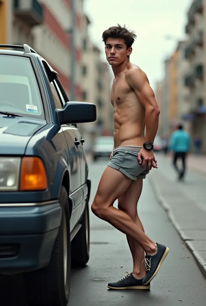 A young man pooping on the side of a car with his ass out