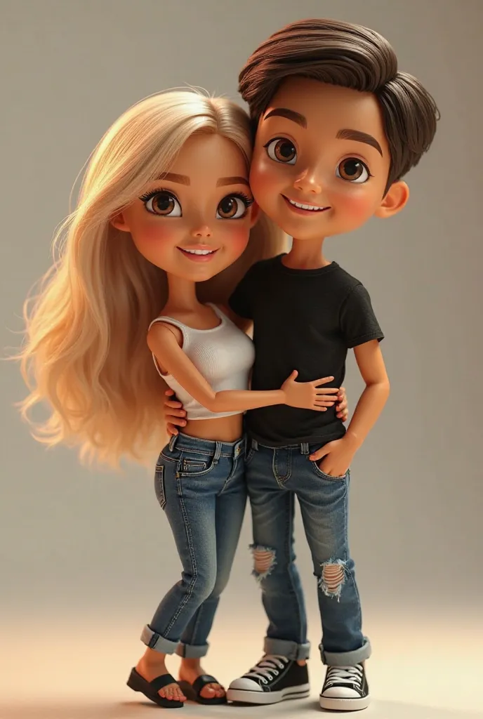 Create A couple of engaged couples in Pixar Disney dolls hugging her Chelita big brown eyes long ashy blonde hair white croptop and blue jeans black sandals chubby little and the tall boy Chelito thin brown eyes black shirt and blue jeans black sneakers 
