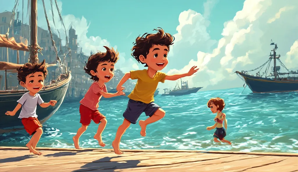 "A young boy named Lorenzo plays joyfully with his friends by the bustling harbor. Laughter fills the salty air as they chase each other along the wooden docks, their bare feet thudding against the planks. The sun glows warmly on their faces, and the shimm...