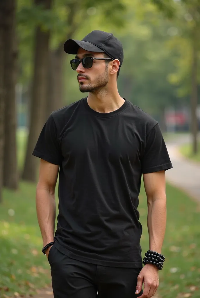 portrait of a man standing on a man in black pants with dark glasses Rayban Raidersr cap dark brown black hair,  short haircut of a meter 75 medium complexion in the style of painting carvagio dynamic movement full body pose of black t-shirt in vertical ar...