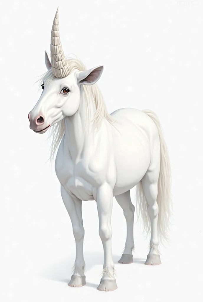 Make a semi-realistic drawing of a creature with a horse's body, with a horn on its forehead that has an irregular structure the same color as its body, with an elongated tail of a cow, the ears are slightly more pointed with a fine line of hair on the ins...