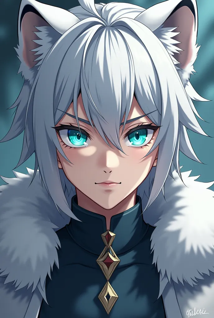 an anime guy, silver-haired,, Turquoise Eyes, with small, animal-like eyes,, looks noble, but not too much,, with ears and tail like a snow leopard,, He's a grown man,, looks mean but retains a noble masculine character., Handsome sharp face