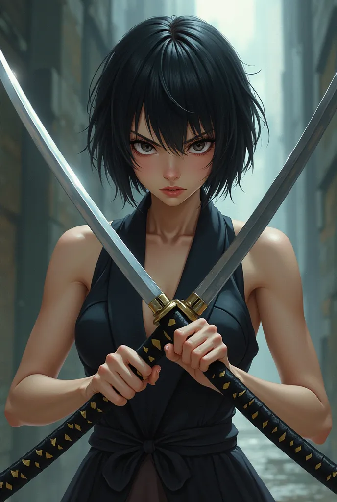 Girl with short black hair serious from two samuray catanas posing in attack that is anime