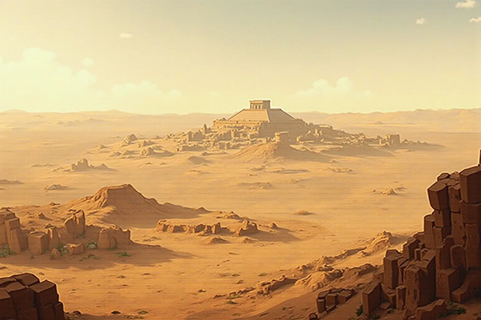 Babylon, landscape , a barren desert in the afternoon, seen from the top of the hill. soft animated closer