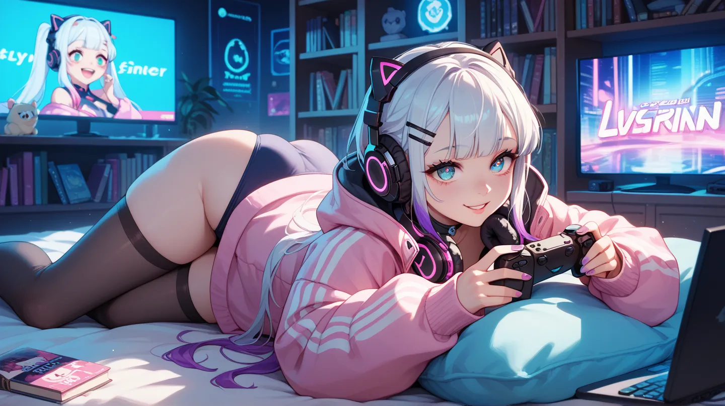 "An anime girl with long white hair with purple highlights, bright and expressive eyes, wearing large headphones and a cross-shaped hair accessory. She is lying on a cozy bed with neon pink and blue lighting. She wears an oversized pink jacket with dark de...