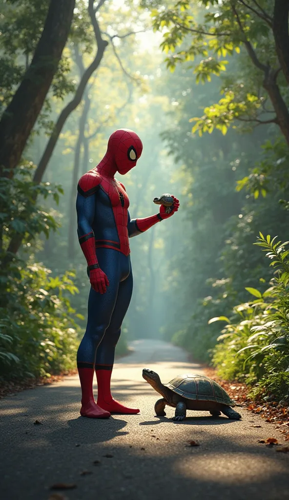 A realistic depiction of Spider-Man standing on an asphalt road deep in the jungle, surrounded by lush green trees and dense foliage. He is holding a small turtle gently in his hand, examining it with curiosity. Sunlight filters through the trees, casting ...