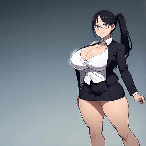     woman１people々々々,    best quality, beautiful face,     anatomically accurate  ,       成熟したwoman,       anime cell painting style    ,      black hair,   ponytail,Glasses,  , Face of Strong Sexual Desire , very big breasts,          saggy chest        , ...