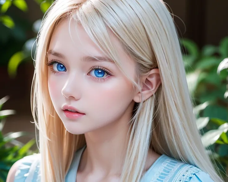 Beautiful  girl with outstanding beautiful blonde hair、Blond hair on the face 、 shiny bangs above the eyes 、very bright light blue big eyes that shine so beautifully、cute very bright eyes、 gentle bright expression 、 super long silky blonde hair 、 hair abov...