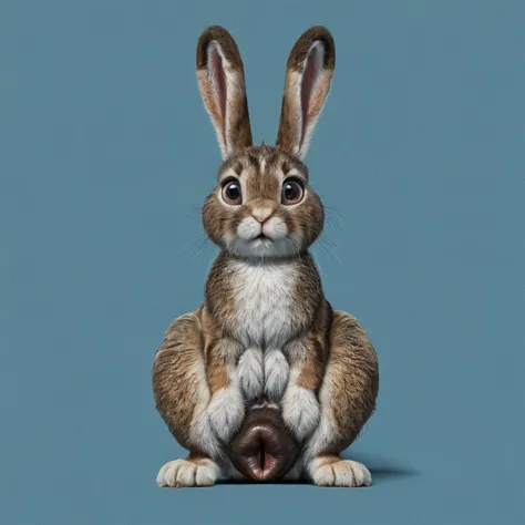 ((((feral rabbit, front view, feral, hyper canine pussy)))), blue blank background