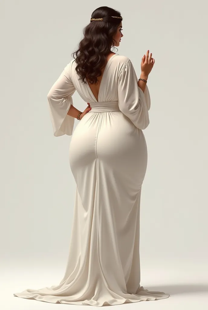 A girl wearing a white abaya with big buttocks, big butt and big breasts and raised her hand up 