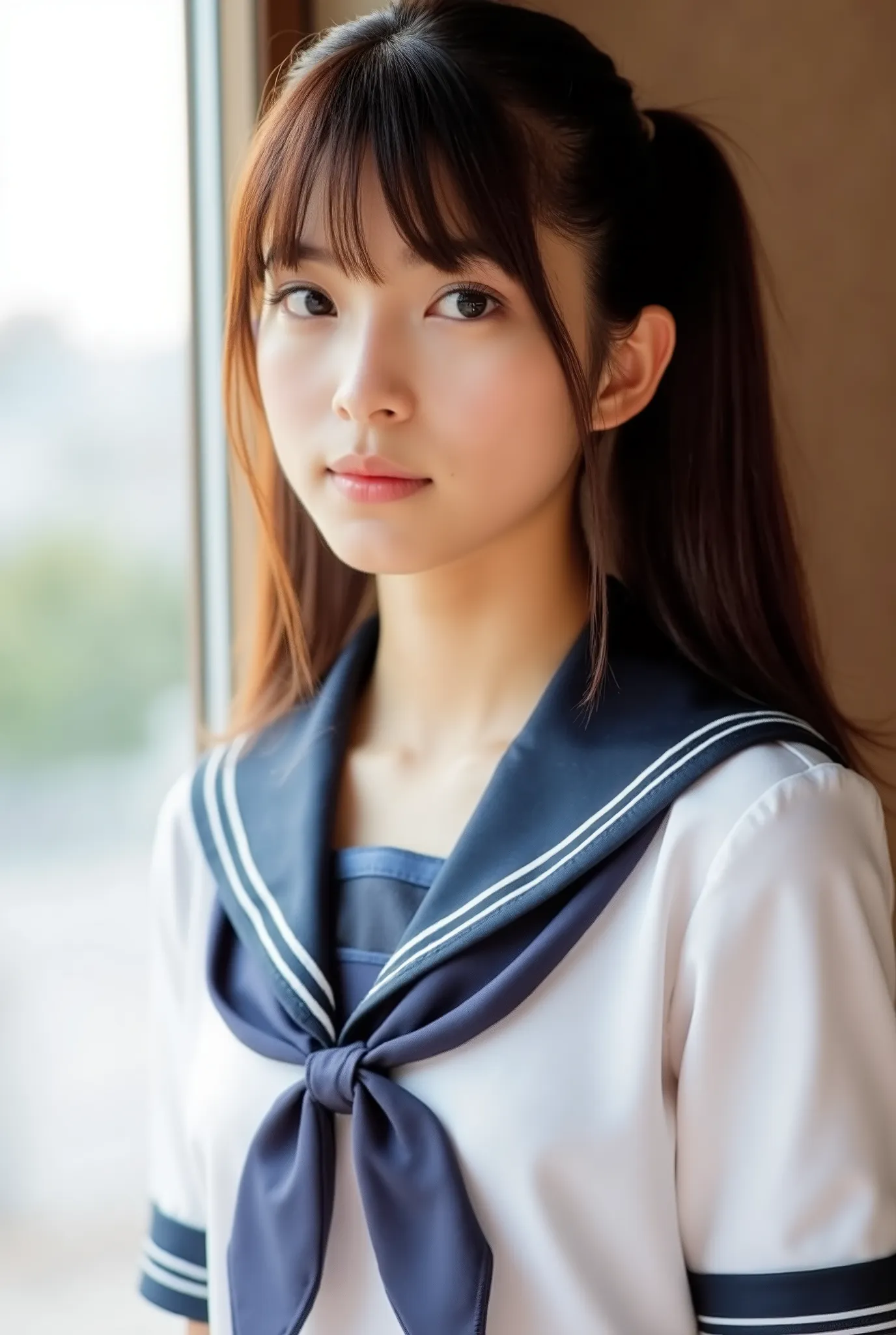 Create a stunning photo collection of a beautiful Japanese idol girl with fair skin. She has long straight hair styled in a ponytail with bangs. She is wearing a sailor school uniform and standing gracefully. Focus on capturing her charm and elegance.